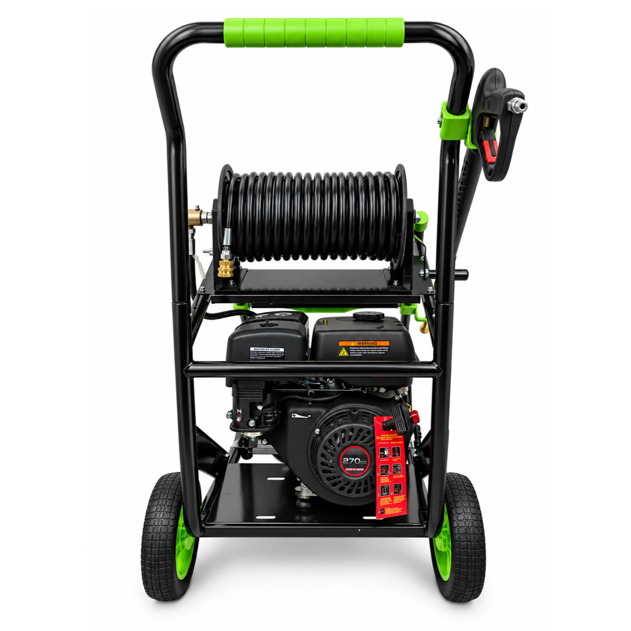 Paddock™ 3,200 PSI Cold Water Pressure Washer with hose reel, green handle, and green-rimmed wheels.