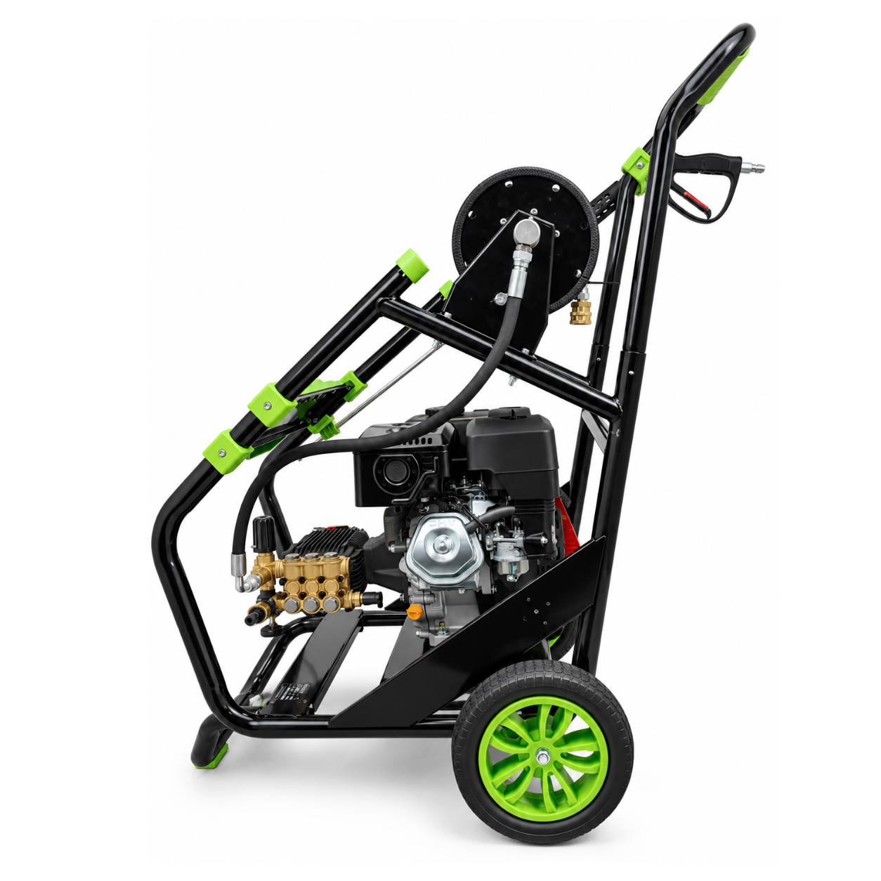 Paddock™ 3,200 PSI Cold Water Pressure Washer with Hose Reel, featuring a black metal frame and green wheels.