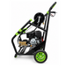 Paddock™ 3,200 PSI Cold Water Pressure Washer with Hose Reel, featuring a black metal frame and green wheels.