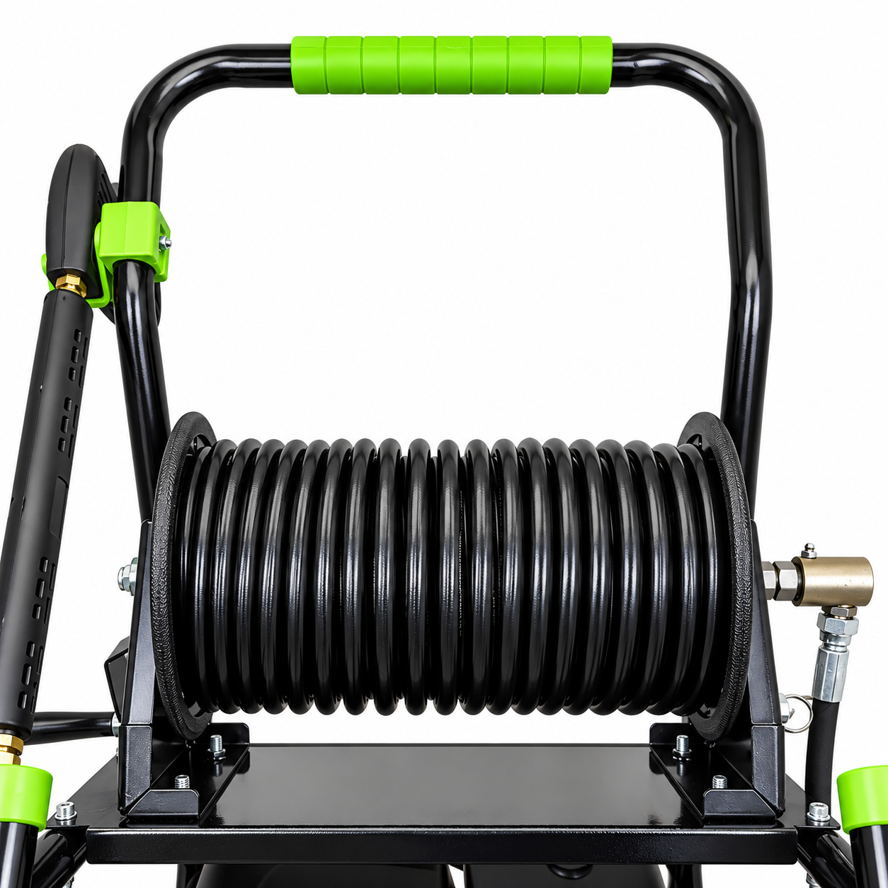 Paddock™ 3,200 PSI Cold Water Pressure Washer with Hose Reel featuring a coiled black hose and a green-handled frame.