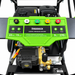 A lime-green control panel on a Paddock™ 3,200 PSI Cold Water Pressure Washer with Hose Reel, featuring five colored nozzle attachments and icons for smart electric, remote control, and safety features.