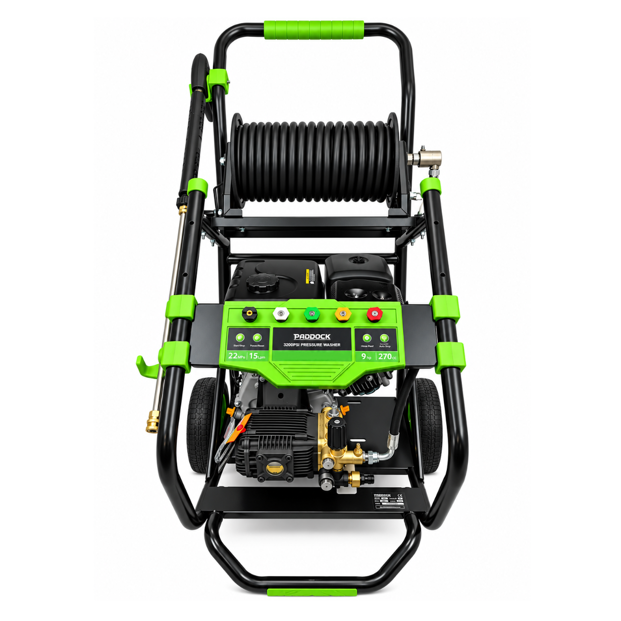 Paddock™ 3,200 PSI Cold Water Pressure Washer with hose reel, spray wand, and color-coded nozzles mounted on a black metal frame with green accents.