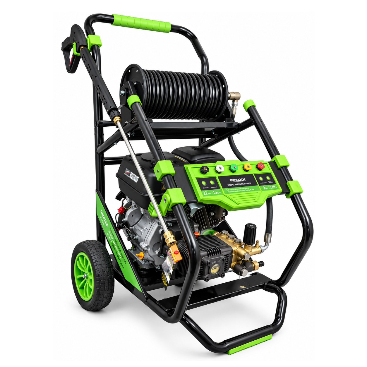 Paddock™ 3,200 PSI Cold Water Pressure Washer with Hose Reel, powered by a Loncin G270 engine, featuring a black frame with green accents and two wheels.