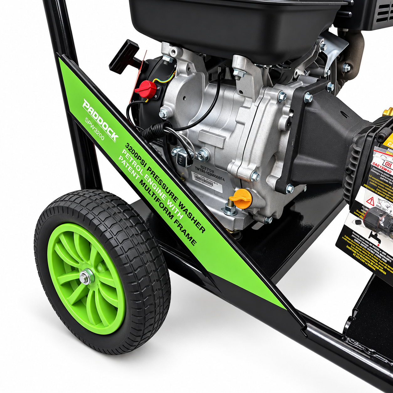 Close-up of a Loncin G270 engine on a Paddock 3,200 PSI Cold Water Pressure Washer with Hose Reel, featuring a green frame and a green wheel.