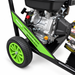 Close-up of a Loncin G270 engine on a Paddock 3,200 PSI Cold Water Pressure Washer with Hose Reel, featuring a green frame and a green wheel.