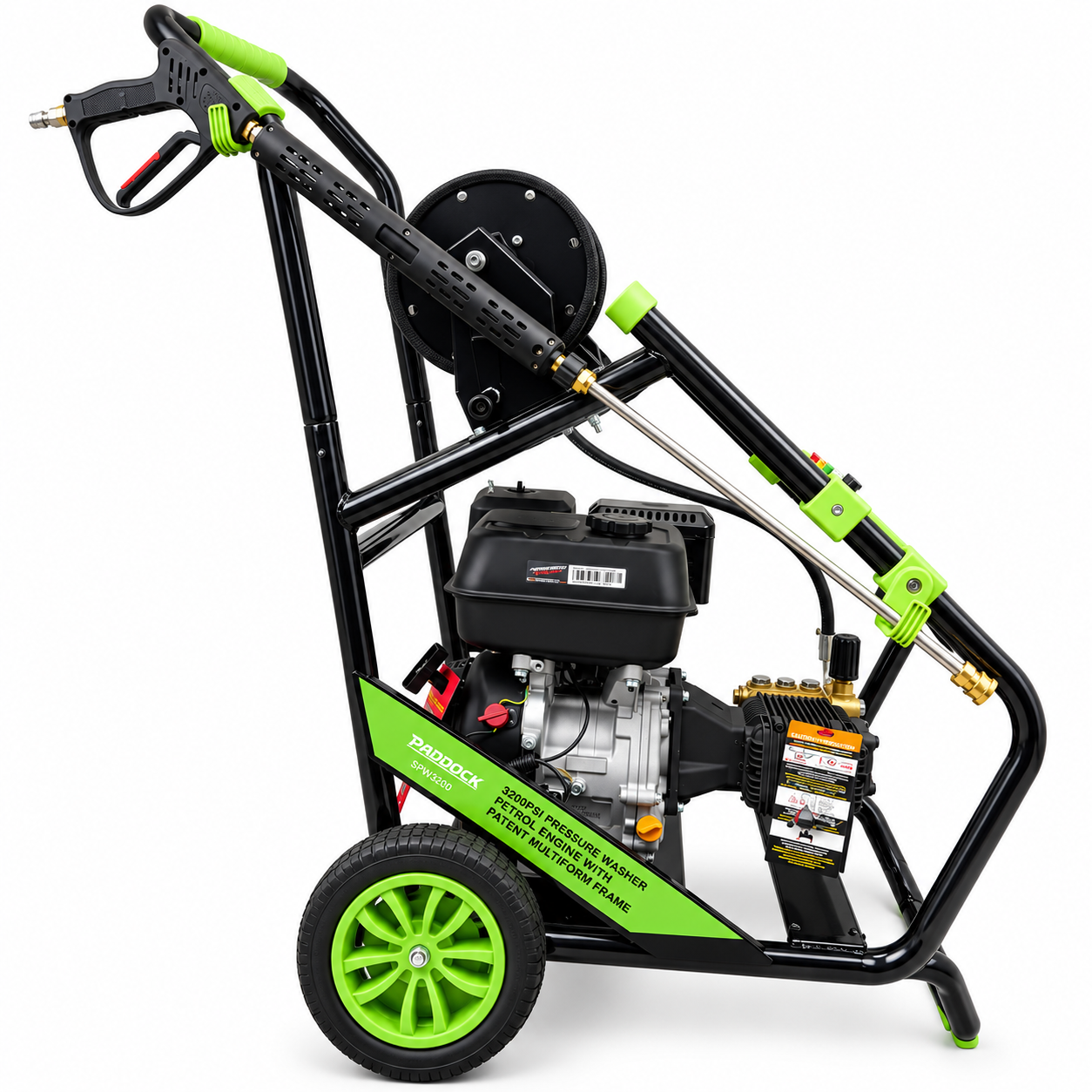Paddock™ 3,200 PSI Cold Water Pressure Washer with a green and black frame, hose reel, and spray wand mounted on wheels.