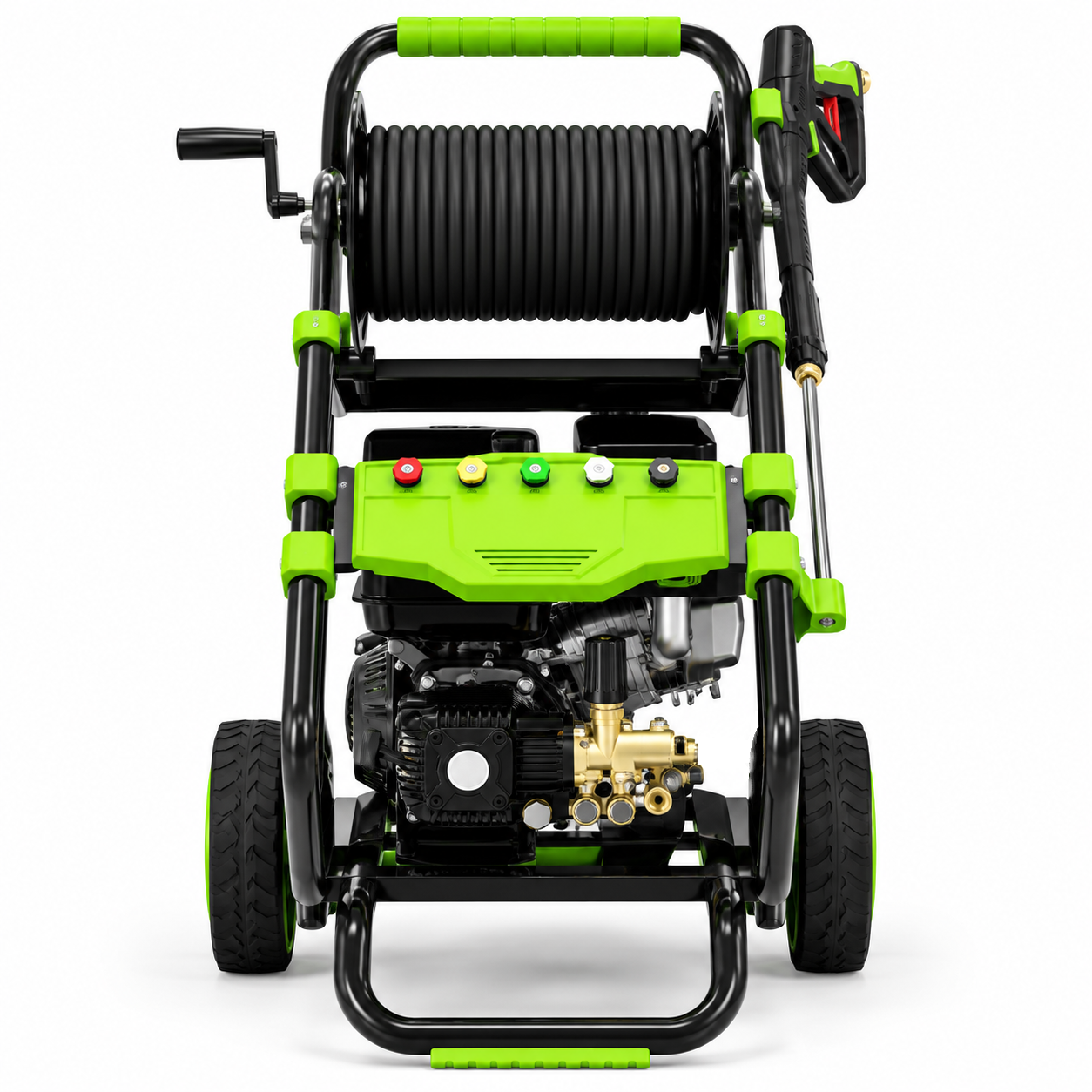 Front view of a green and black Paddock™ 3,200 PSI Cold Water Pressure Washer with wheels, integrated hose reel, control buttons, and sturdy handle. Powered by a reliable Loncin G270 petrol engine, this commercial-grade pressure washer includes a spray wand mounted on the side. The clean Paddock machine is displayed against a white background.