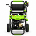 Front view of a green and black Paddock™ 3,200 PSI Cold Water Pressure Washer with wheels, integrated hose reel, control buttons, and sturdy handle. Powered by a reliable Loncin G270 petrol engine, this commercial-grade pressure washer includes a spray wand mounted on the side. The clean Paddock machine is displayed against a white background.
