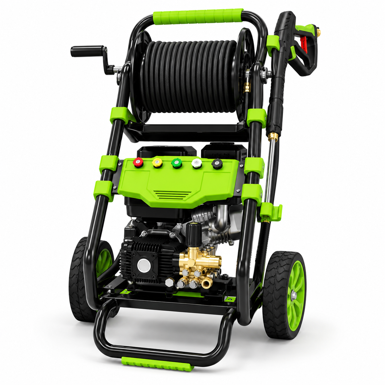 The Paddock™ 3,200 PSI Cold Water Pressure Washer with Hose Reel by Paddock is shown on a white background. This green and black commercial pressure washer features large wheels, a hose reel, control panel, and attached spray gun, delivering powerful cleaning performance for demanding tasks.