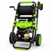 The Paddock™ 3,200 PSI Cold Water Pressure Washer with Hose Reel by Paddock is shown on a white background. This green and black commercial pressure washer features large wheels, a hose reel, control panel, and attached spray gun, delivering powerful cleaning performance for demanding tasks.