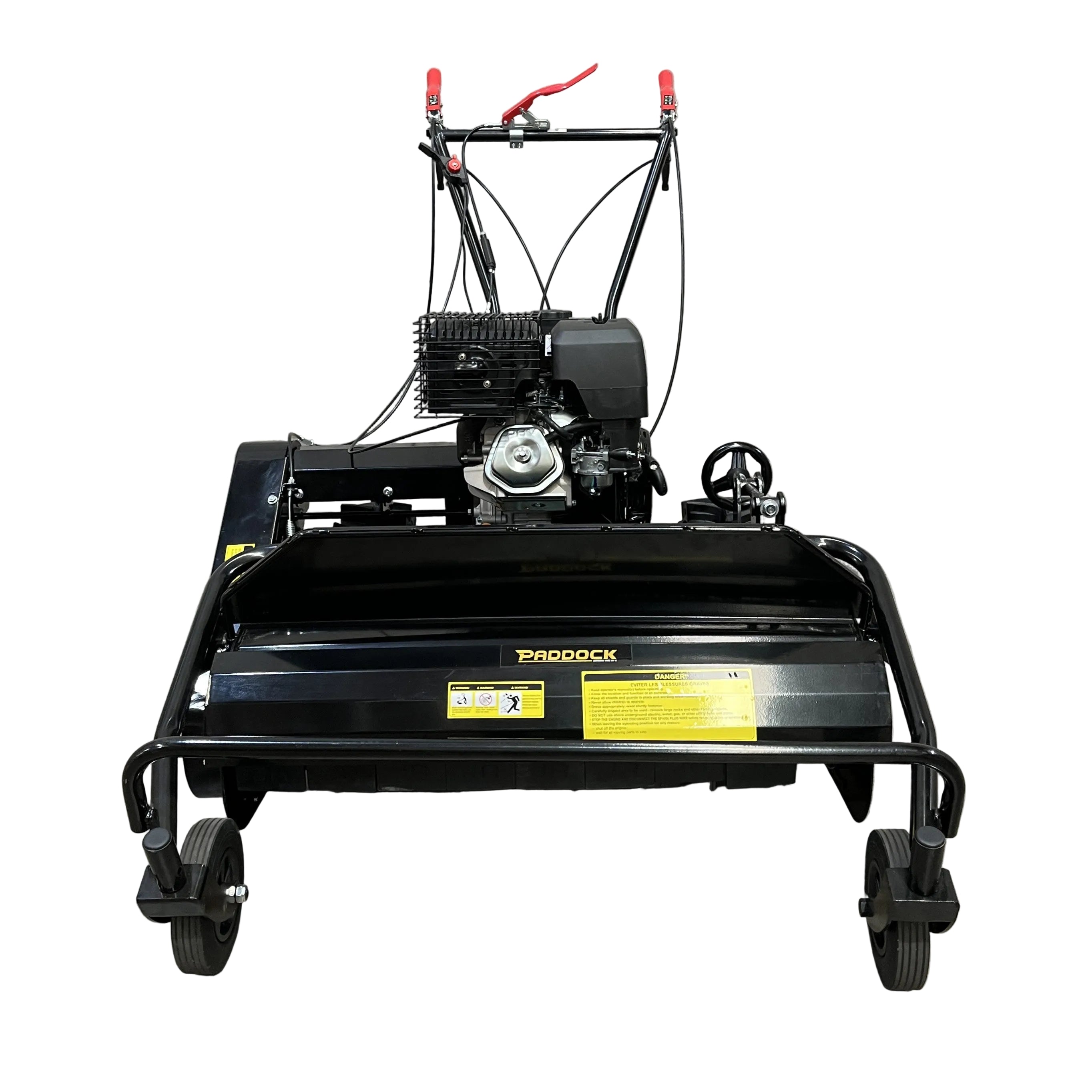 Front view of the Paddock Walk Behind Flail Mower 12HP - 900mm by Paddock, featuring red handles, visible engine, yellow caution labels, two front wheels, and a wide dethatching roller—ideal for vegetation control.