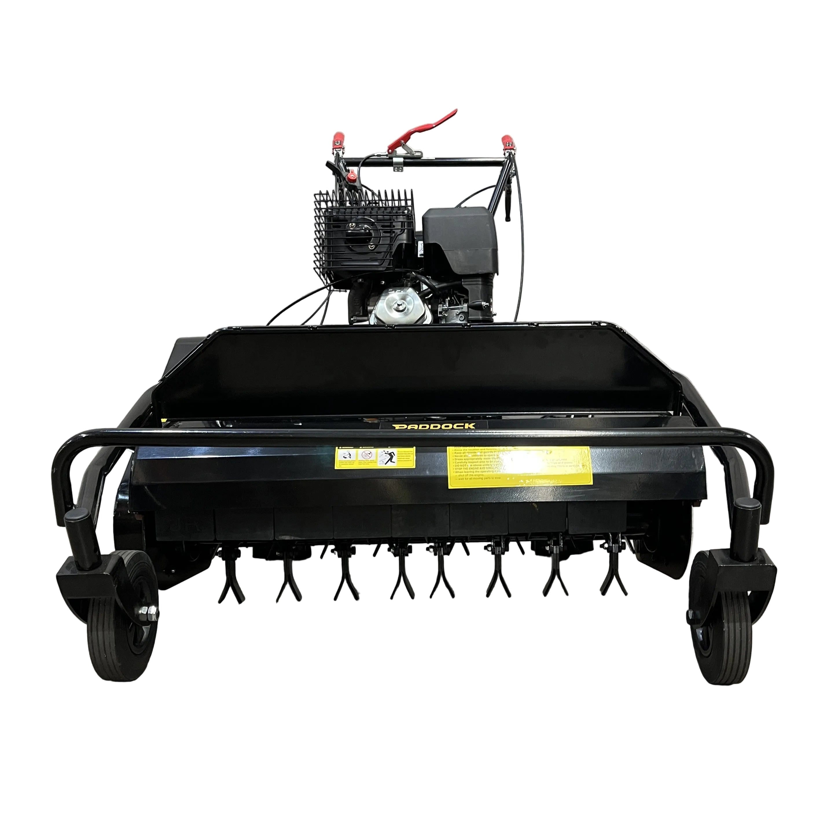 The Paddock Walk Behind Flail Mower 12HP - 900mm features a gas engine, handlebars, front caster wheels, and metal tines for optimal soil aeration—perfect for paddock mower users seeking effective vegetation control and healthier lawns.