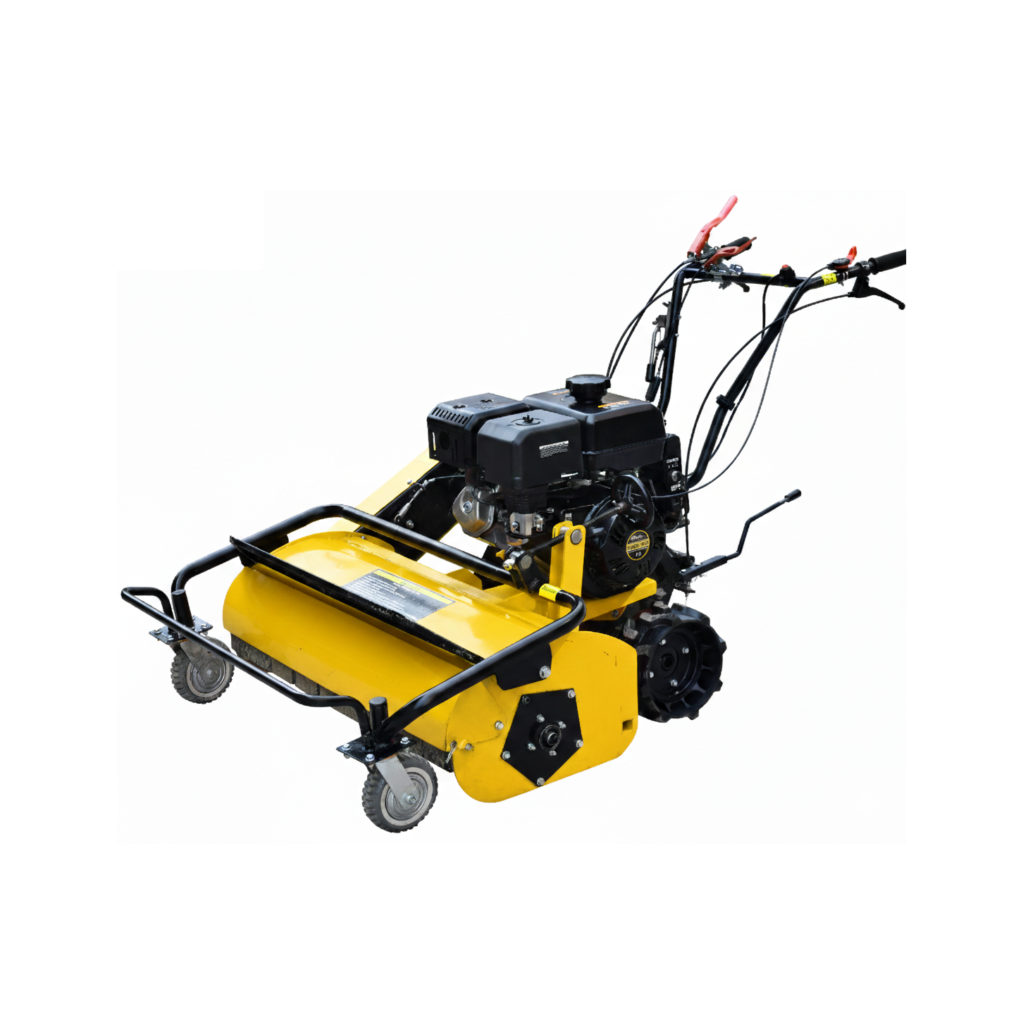 The Paddock Walk Behind Flail Mower by Paddock is a motorized yellow and black mower for vegetation control, featuring handlebars, engine, front roller, control levers, and wheels. Shown on a white background.