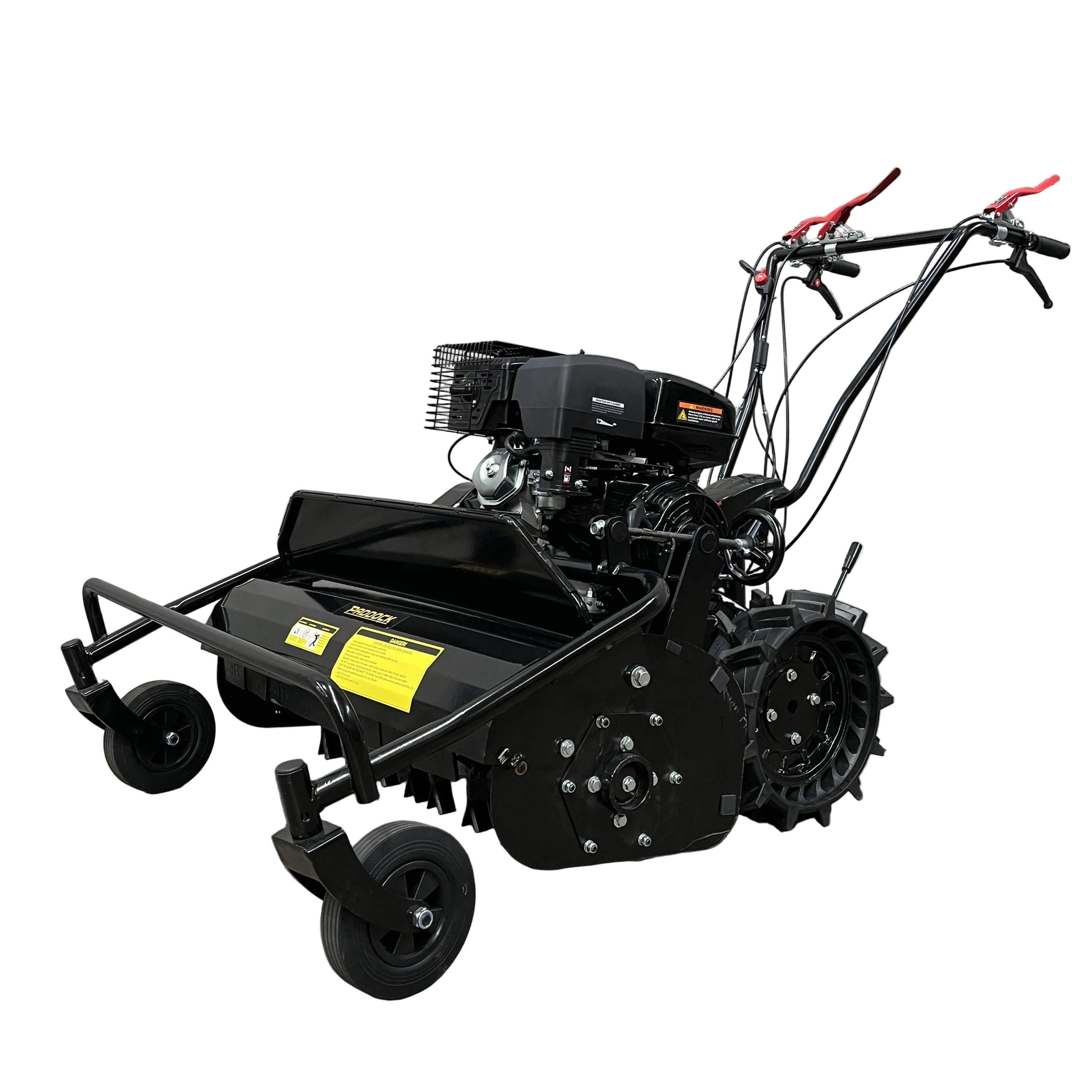 The Paddock Walk Behind Flail Mower 12HP - 900mm by Paddock is a heavy-duty, black gas-powered mower with large rear wheels, dual front casters, top-mounted engine, and handlebar controls for vegetation control, shown on a white background.