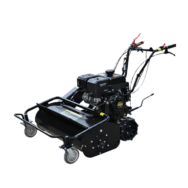 The Paddock Walk Behind Flail Mower by Paddock is a motorized yellow and black mower for vegetation control, featuring handlebars, engine, front roller, control levers, and wheels. Shown on a white background.