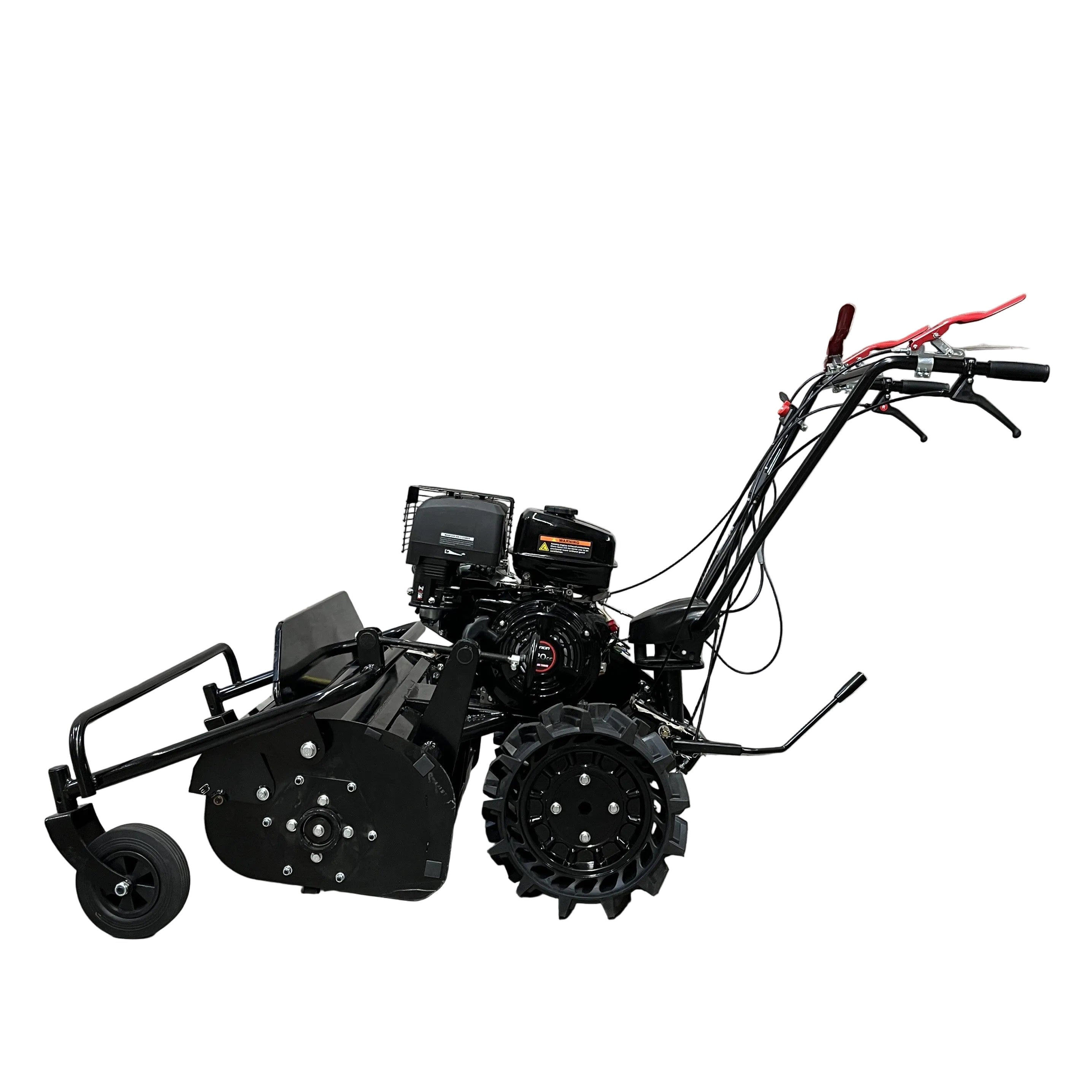 The Paddock Walk Behind Flail Mower 12HP - 900mm by Paddock features rugged wheels, an engine, handlebars, and control cables, designed for cutting vegetation and tough grass. Shown against a plain white background.