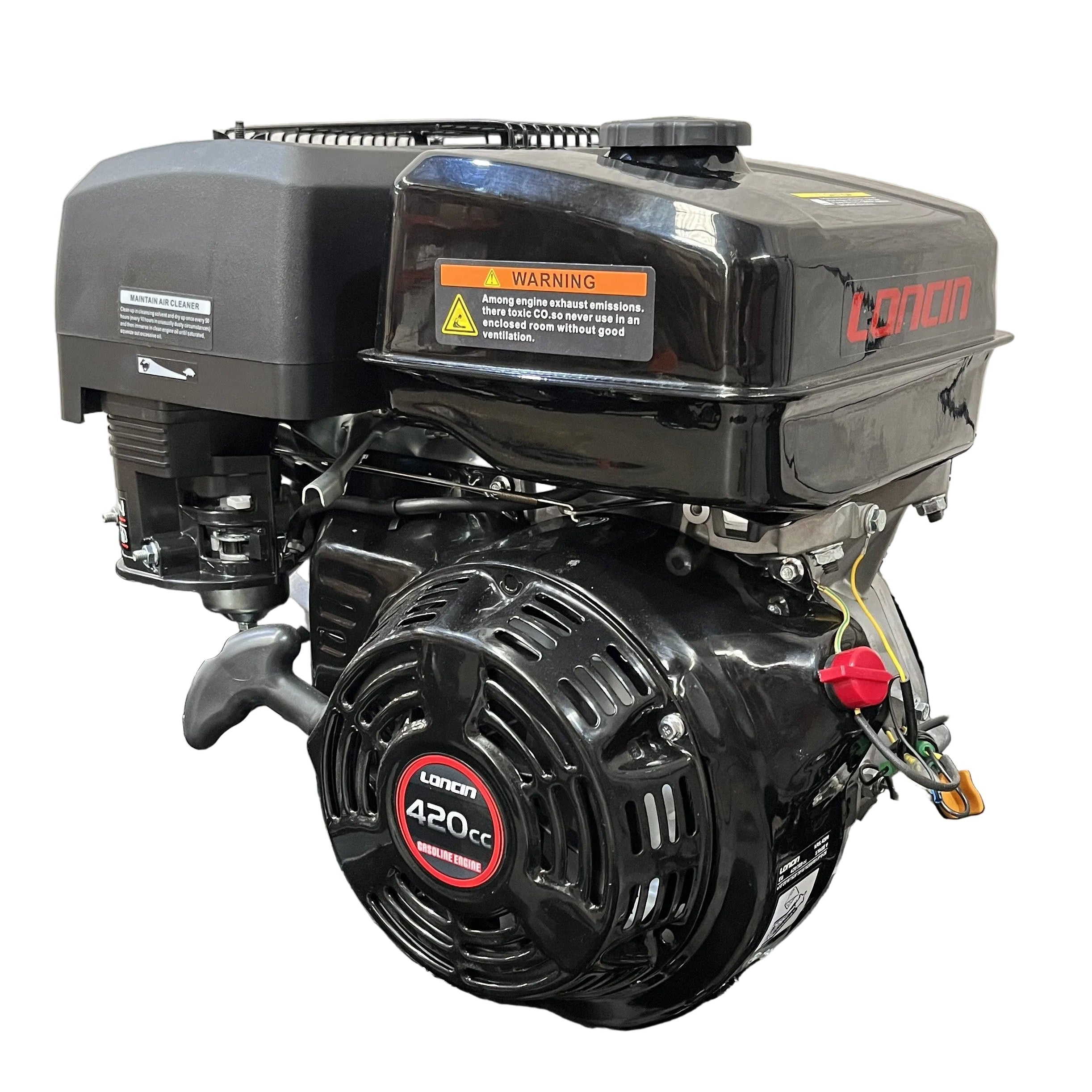 A black Paddock Walk Behind Flail Mower 12HP (900mm), featuring a 420cc gasoline engine with pull start, labeled fuel tank, and visible components—ideal for effective vegetation control—shown on a white background.