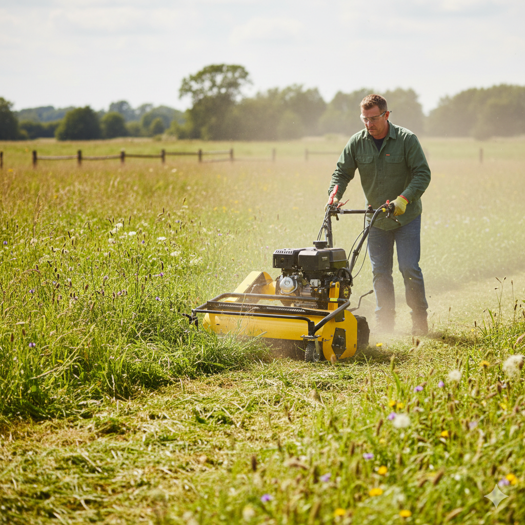 A person in a green shirt and gloves operates the Paddock Walk Behind Flail Mower by Paddock to cut tall grass for vegetation control in a sunny field bordered by trees and a wooden fence.