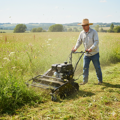 A person in a green shirt and gloves operates the Paddock Walk Behind Flail Mower by Paddock to cut tall grass for vegetation control in a sunny field bordered by trees and a wooden fence.