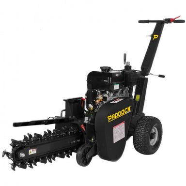The Paddock Walk Behind Trencher with Guide Wheel by Paddock features a long digging arm, rugged tires, and visible Briggs & Stratton engine parts, designed for cutting narrow soil trenches. Shown on a plain white background.