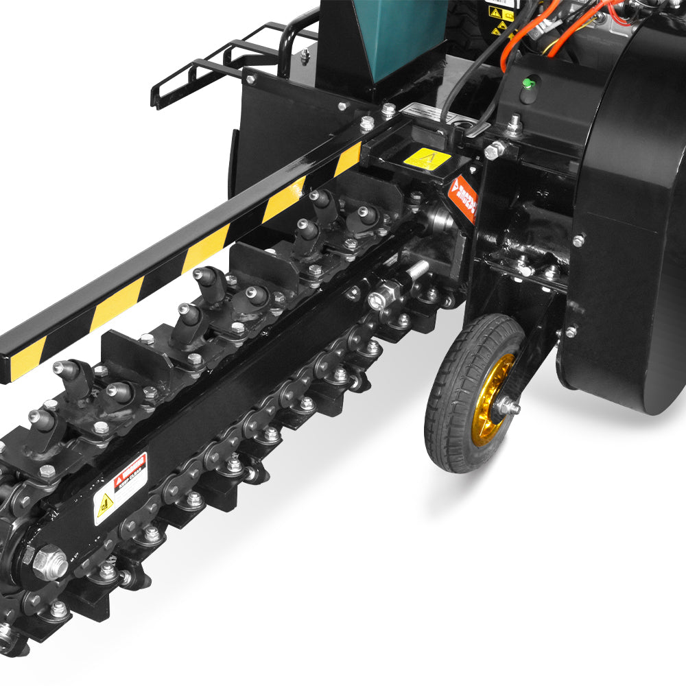 Close-up view of the Paddock Walk Behind Trencher with Guide Wheel, featuring a rotating chain with digging teeth, yellow and black safety stripes, a support wheel, and powered by a reliable Briggs & Stratton engine. Brand: Paddock.
