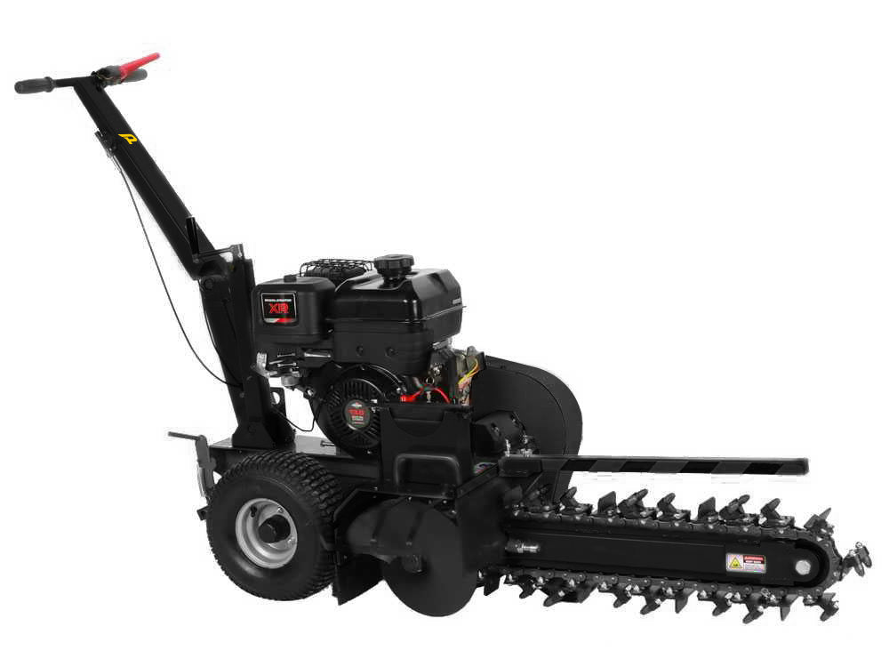 The Paddock Walk Behind Trencher with Guide Wheel by Paddock features a powerful Briggs & Stratton engine, two rear wheels, a control handle, and a rotating metal chain blade for digging trenches. Shown on white background; ideal for versatile trenching projects.