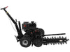 The Paddock Walk Behind Trencher with Guide Wheel by Paddock features a Briggs & Stratton engine, large wheels, a long digging chain, and control handles—ideal for efficiently cutting narrow soil trenches.