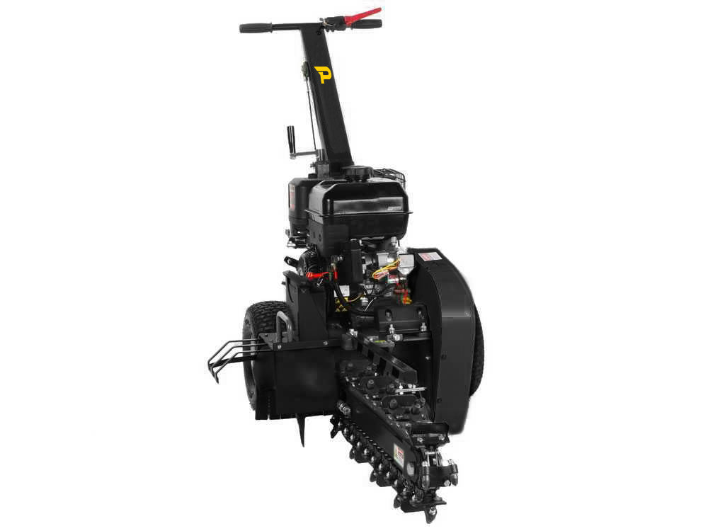 Front view of the Paddock Walk Behind Trencher with Guide Wheel by Paddock, featuring a black frame, visible Briggs & Stratton engine, handlebar, wheels, and a trenching chain attachment at the base.