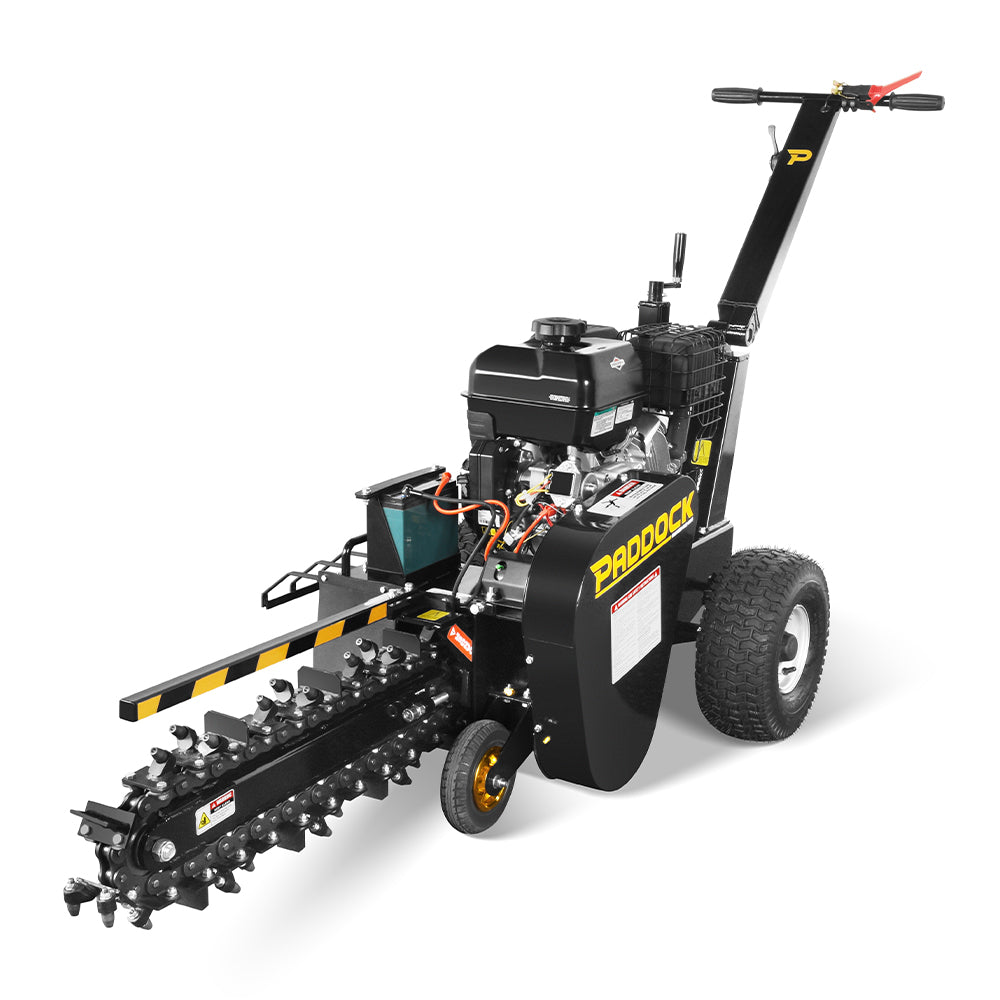 The Paddock Walk Behind Trencher with Guide Wheel by Paddock features black and yellow colors, a Briggs & Stratton engine, large wheels, and a long rotating blade for cutting trenches. Shown on a white background.