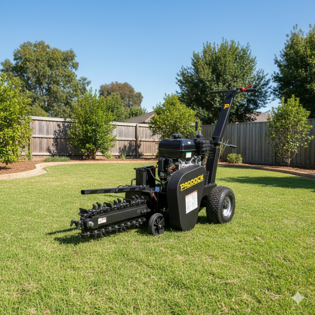 A Paddock Walk Behind Trencher with Guide Wheel by Paddock sits on a neatly mowed lawn in a fenced backyard, surrounded by trees and shrubs on a sunny day.