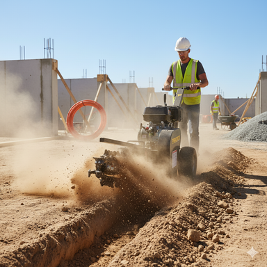 A construction worker in a hard hat and safety vest uses a Paddock Walk Behind Trencher with Guide Wheel to dig a narrow trench at a dusty construction site, with building frames and materials visible in the background.