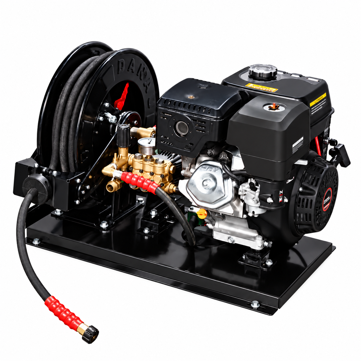 A Paddock™ 3,600 PSI Pressure Washer Base Unit by Paddock features a black and red skid-mounted design on a robust red metal base, complete with a coiled hose and durable brass fittings. Engineered for commercial applications, this pressure washer offers exceptional durability and efficiency.