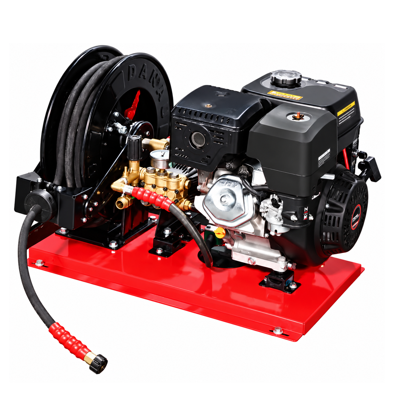 A Paddock™ 3,600 PSI Pressure Washer Base Unit by Paddock features a black and red skid-mounted design on a robust red metal base, complete with a coiled hose and durable brass fittings. Engineered for commercial applications, this pressure washer offers exceptional durability and efficiency.