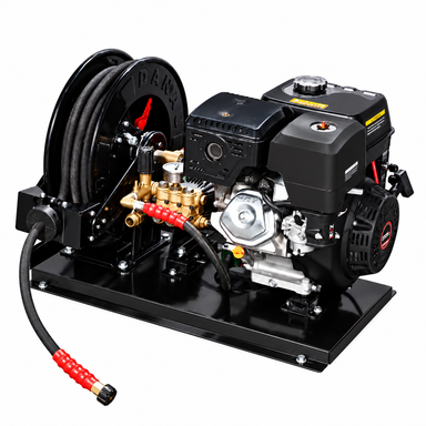 A Paddock™ 3,600 PSI Pressure Washer Base Unit by Paddock features a black and red skid-mounted design on a robust red metal base, complete with a coiled hose and durable brass fittings. Engineered for commercial applications, this pressure washer offers exceptional durability and efficiency.