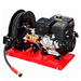 A Paddock™ 3,600 PSI Pressure Washer Base Unit by Paddock features a black and red skid-mounted design on a robust red metal base, complete with a coiled hose and durable brass fittings. Engineered for commercial applications, this pressure washer offers exceptional durability and efficiency.