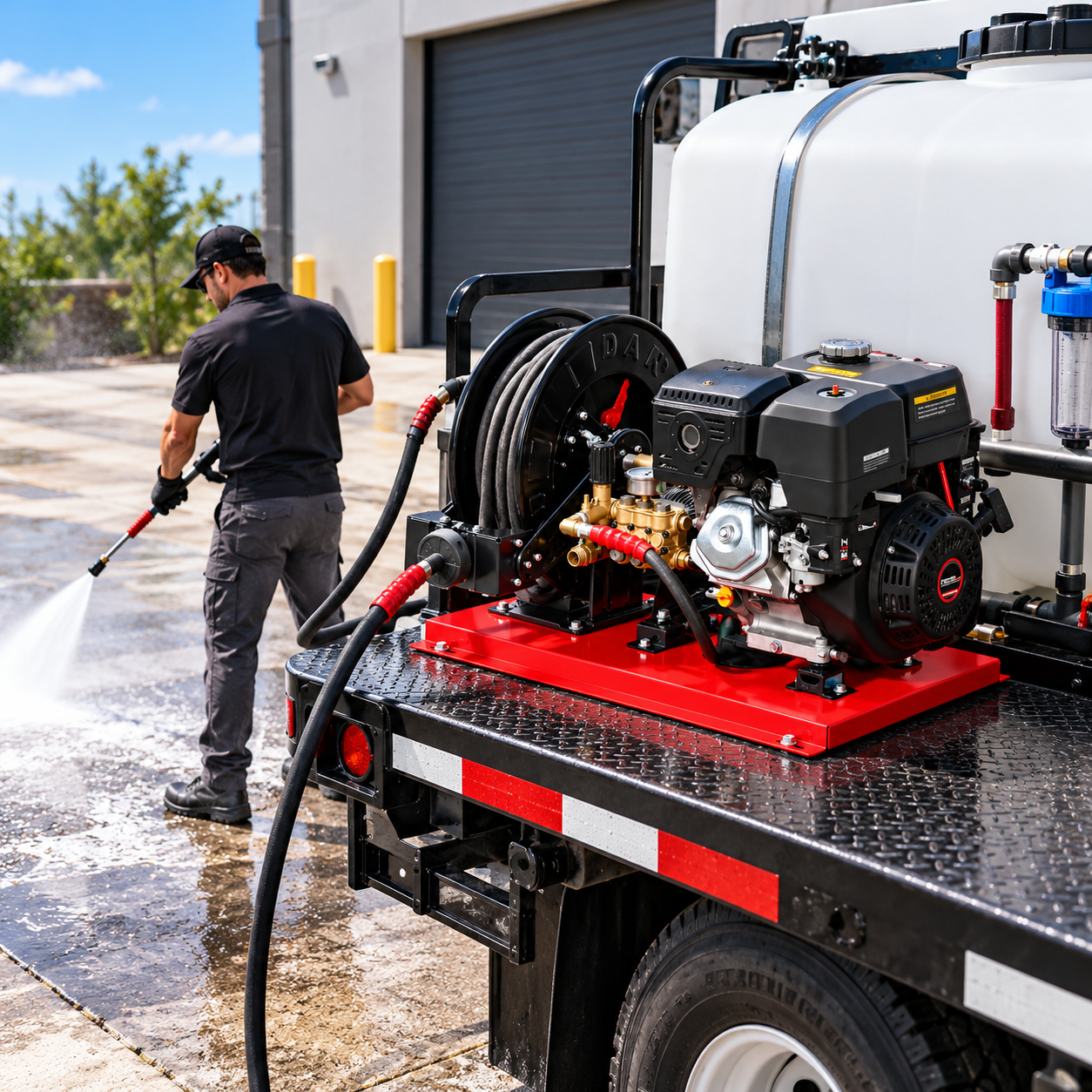 A person uses the Paddock™ 3,600 PSI Pressure Washer Base Unit by Paddock, connected to a large tank mounted on a truck, to clean a paved outdoor surface near an industrial building. This powerful commercial pressure washer delivers efficient and thorough cleaning, making it ideal for demanding commercial jobs.