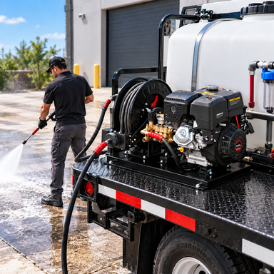 A person uses the Paddock™ 3,600 PSI Pressure Washer Base Unit by Paddock, connected to a large tank mounted on a truck, to clean a paved outdoor surface near an industrial building. This powerful commercial pressure washer delivers efficient and thorough cleaning, making it ideal for demanding commercial jobs.