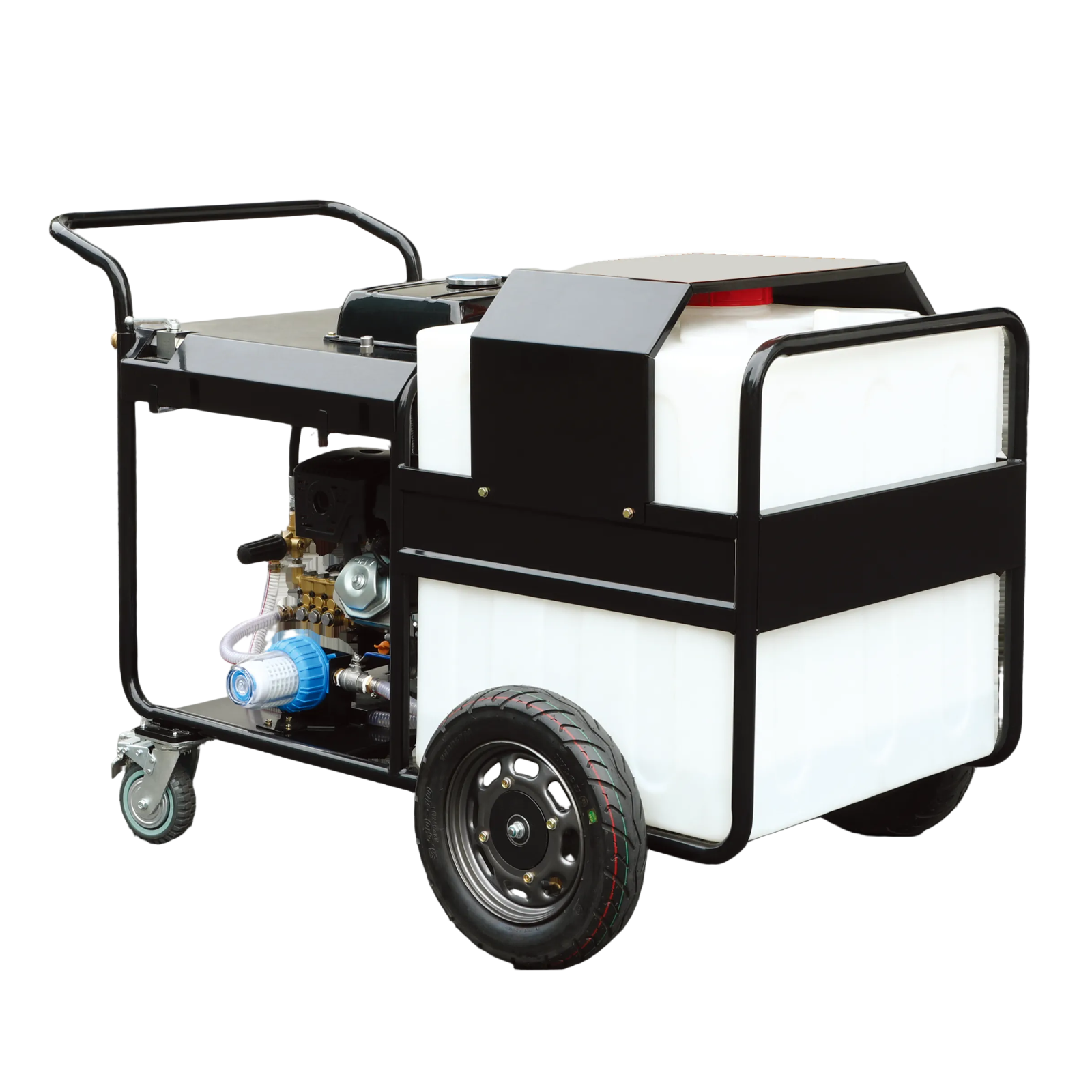 The Paddock™ 3,600 PSI Commercial Pressure Washer with 300L Tank – Petrol or Diesel features a sturdy black metal frame, a generous 300L water tank, durable wheels for easy mobility, and a blue pump assembly. This robust mobile cleaning system by Paddock is displayed against a white background.