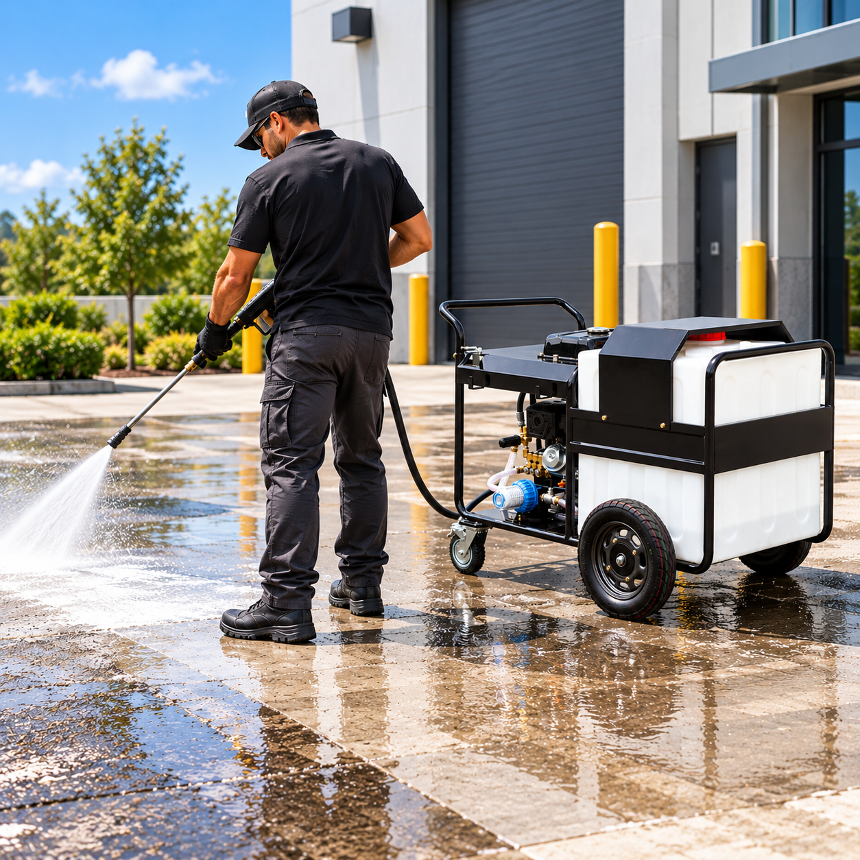 A worker uses the Paddock™ 3,600 PSI Commercial Pressure Washer with 300L tank—available in petrol or diesel—to clean a concrete surface outside a commercial building on a sunny day.