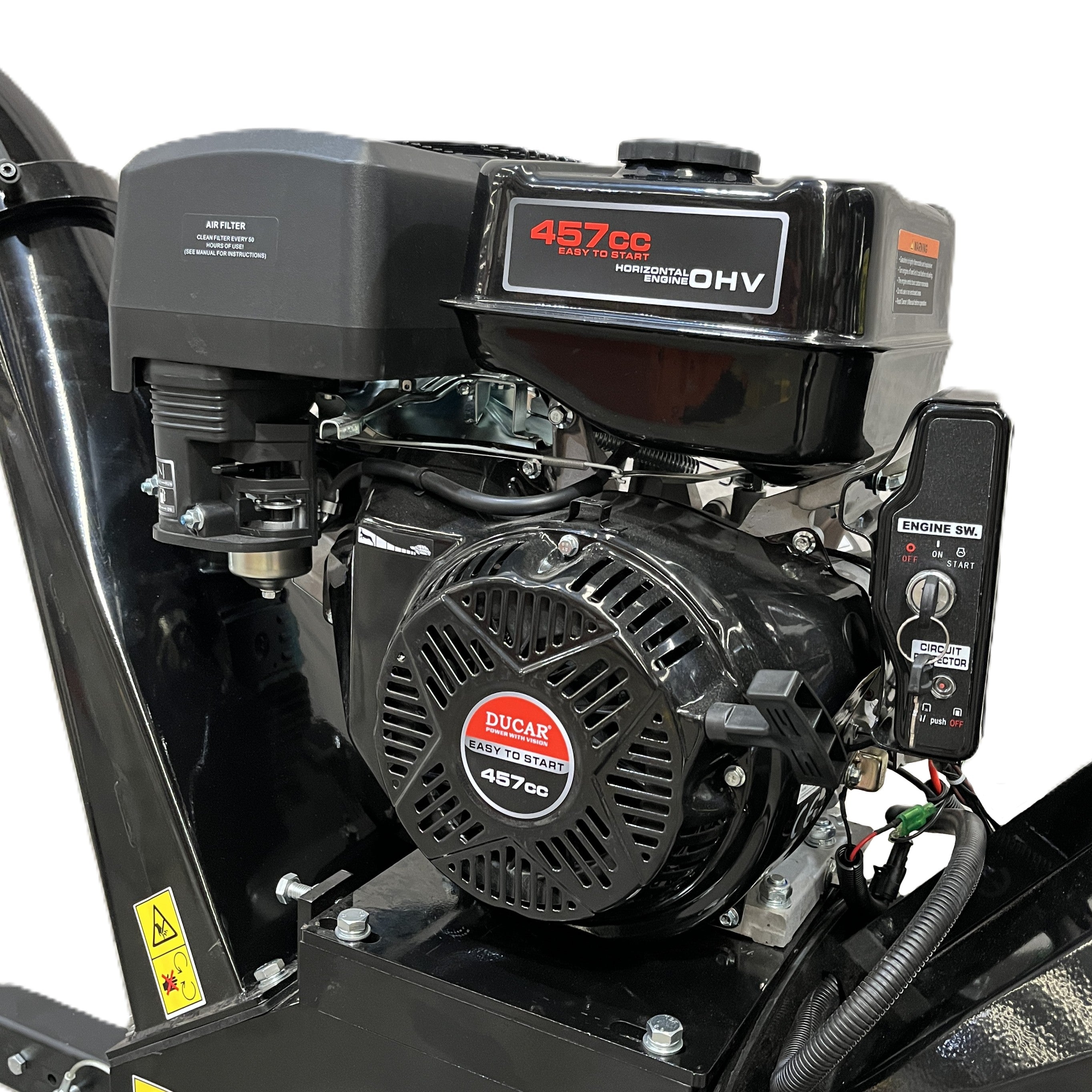 Close-up view of a black Paddock 457cc Easy Start OHV engine with visible labels, wiring, and mechanical parts on a portable Paddock Wood Chipper Mulcher.