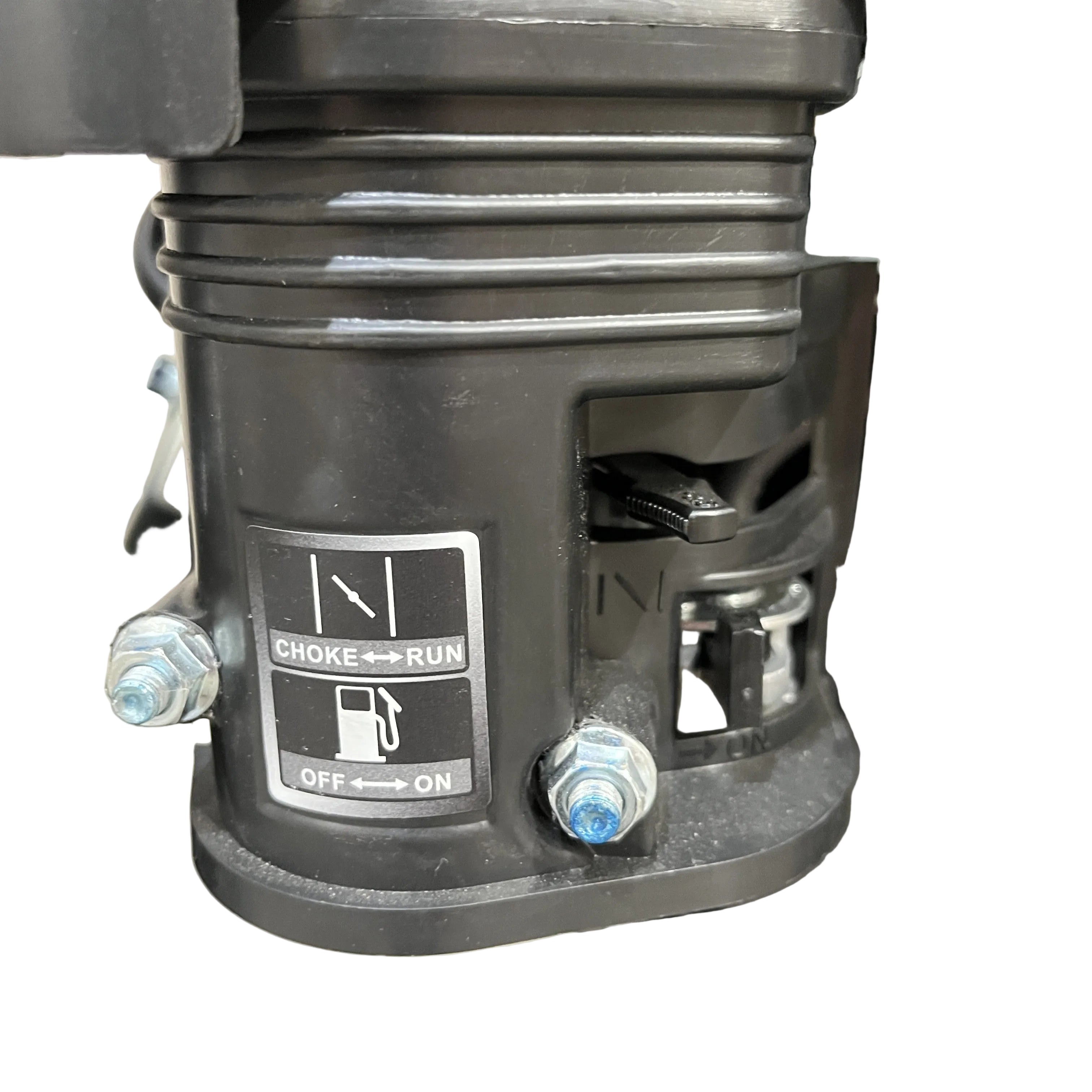 Close-up of the Paddock Wood Chipper Mulcher control panel with a lever marked Choke | Run and an Off | On switch beside a fuel pump icon. Two bolts secure the panel on this compact, efficient Paddock machine.