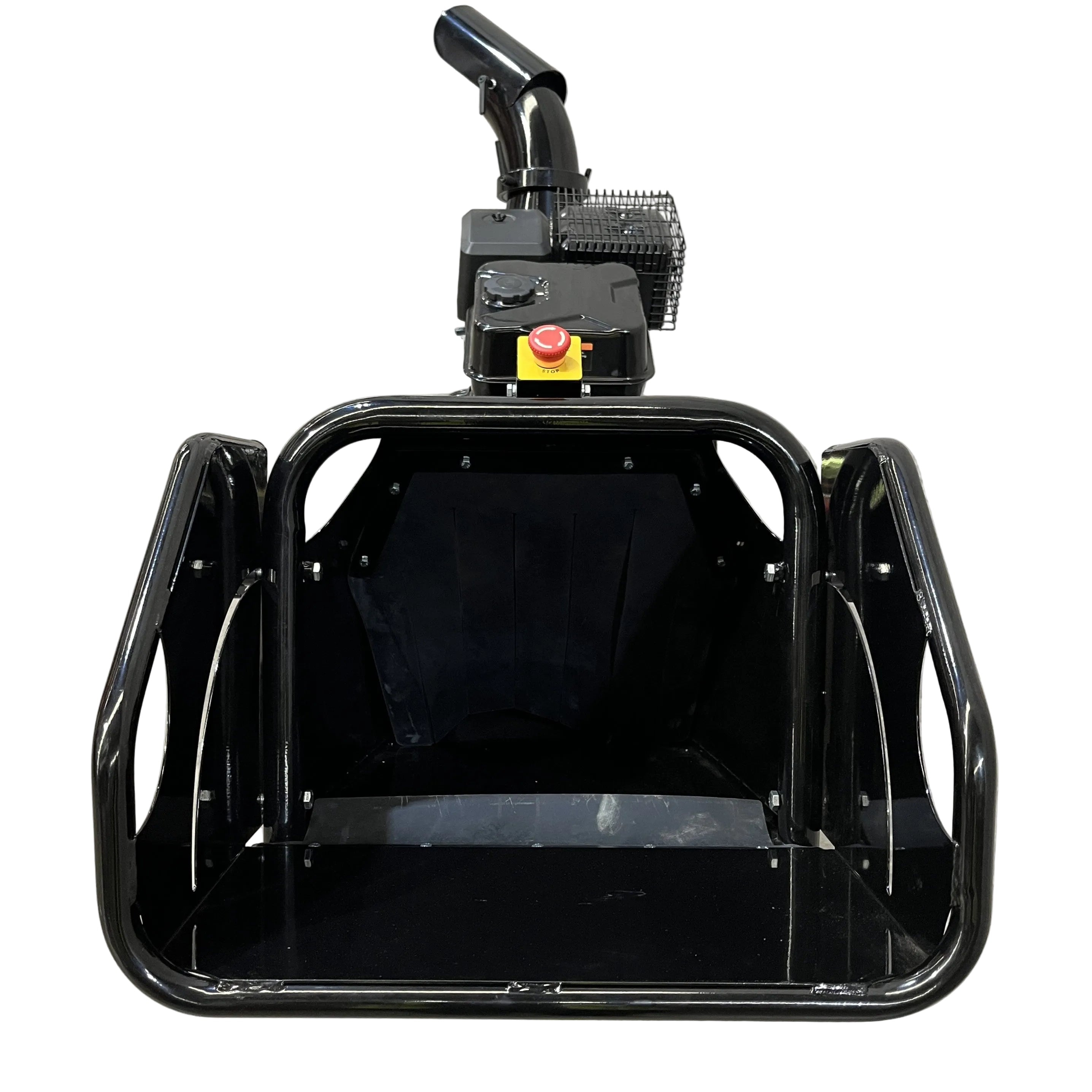 The Paddock Wood Chipper Mulcher by Paddock, featuring a wide metal scoop, control handle, and emergency stop button, is positioned indoors near a concrete wall with safety floor markings.