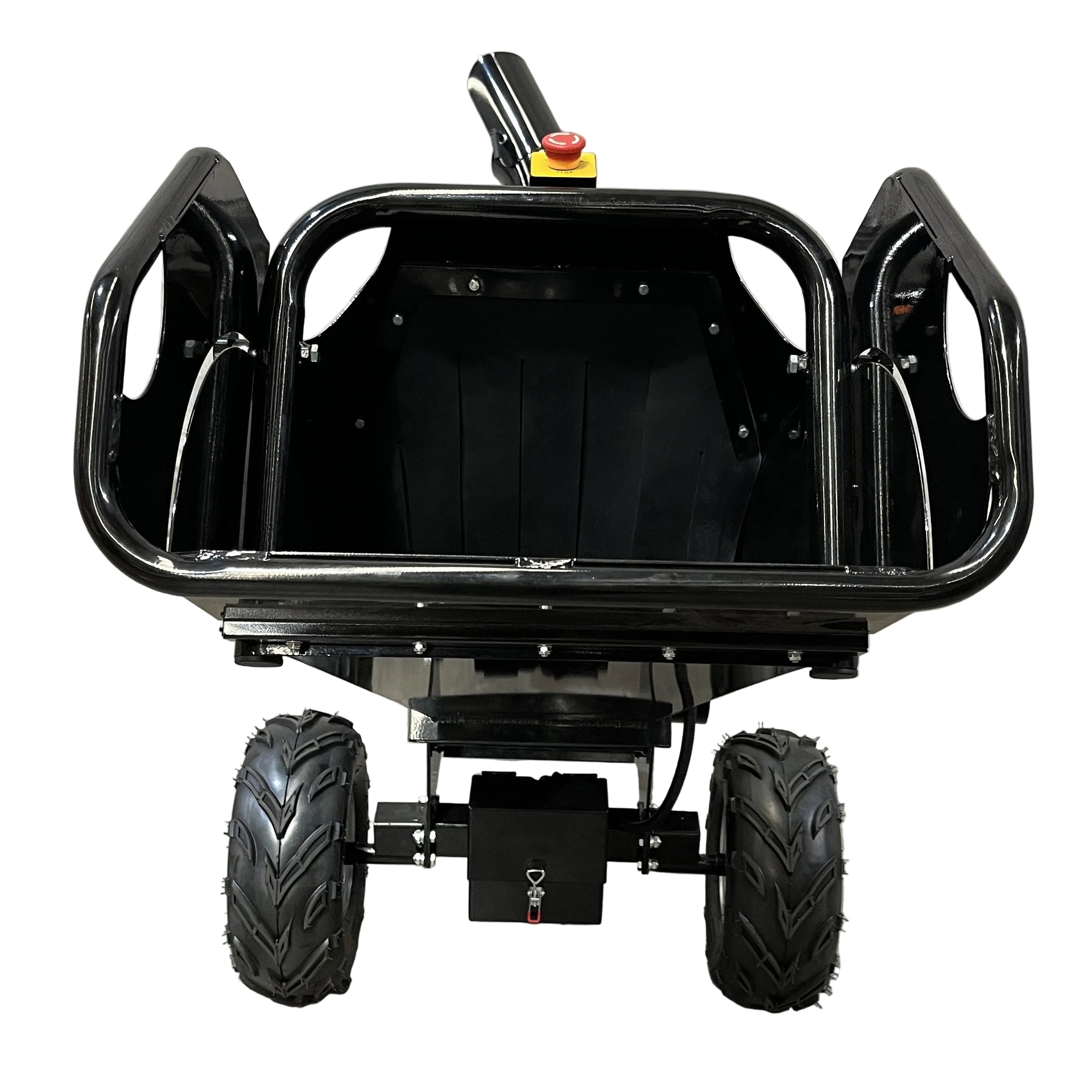 Front view of the Paddock Wood Chipper Mulcher by Paddock, featuring rugged tires, an empty cargo area, and a red emergency stop button on the handle, positioned on a concrete floor against a gray wall.