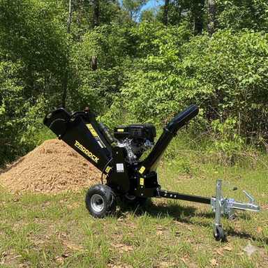 The Paddock Wood Chipper Mulcher by Paddock stands in a grassy clearing ejecting wood chips, surrounded by tall trees under a clear blue sky.