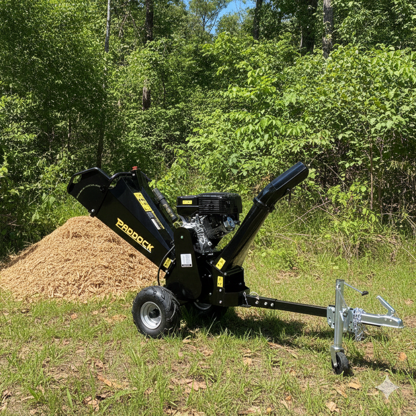 The Paddock Wood Chipper Mulcher by Paddock stands in a grassy clearing ejecting wood chips, surrounded by tall trees under a clear blue sky.