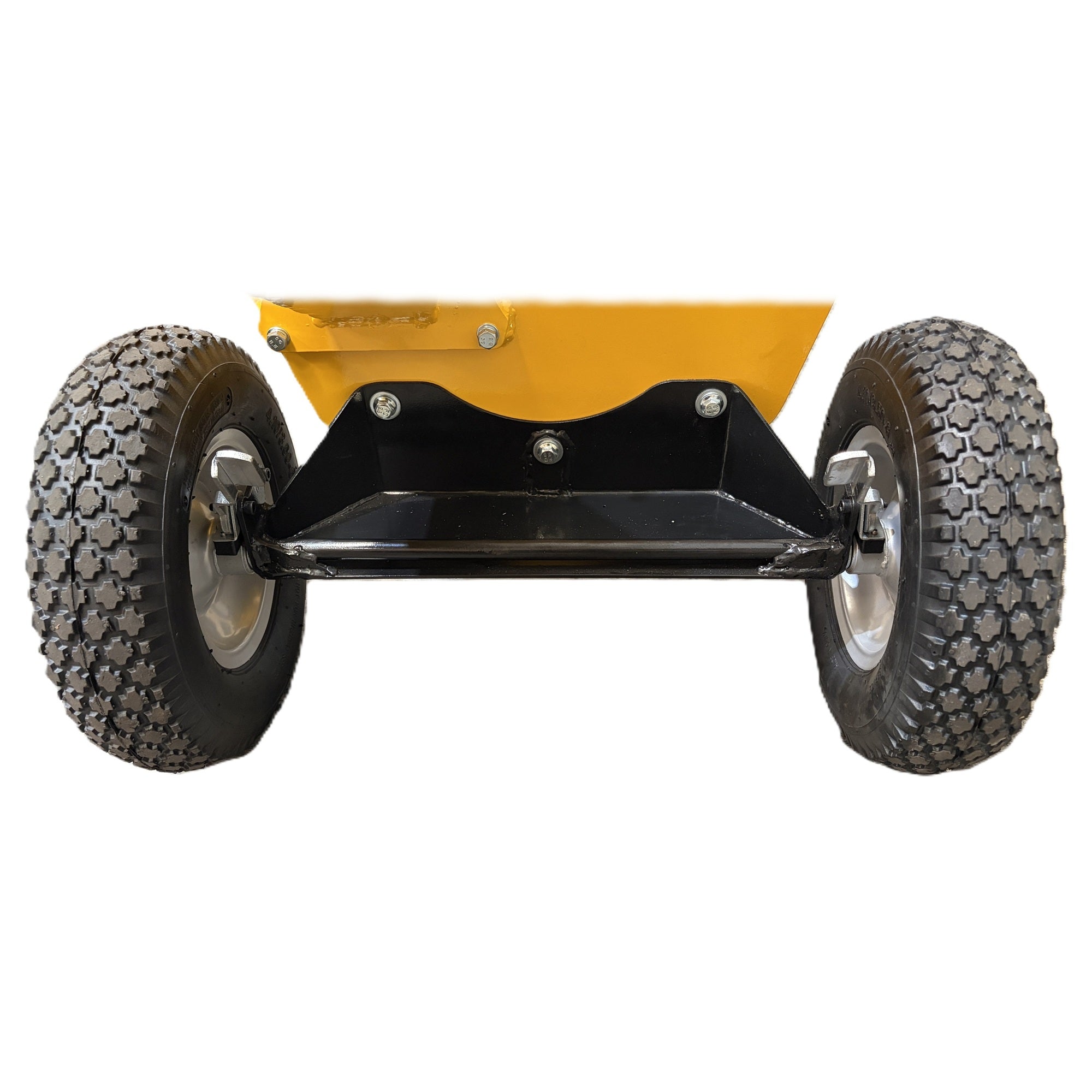 The black axle and two pneumatic tires of a yellow Paddock™ Wood Chipper Shredder 75mm.