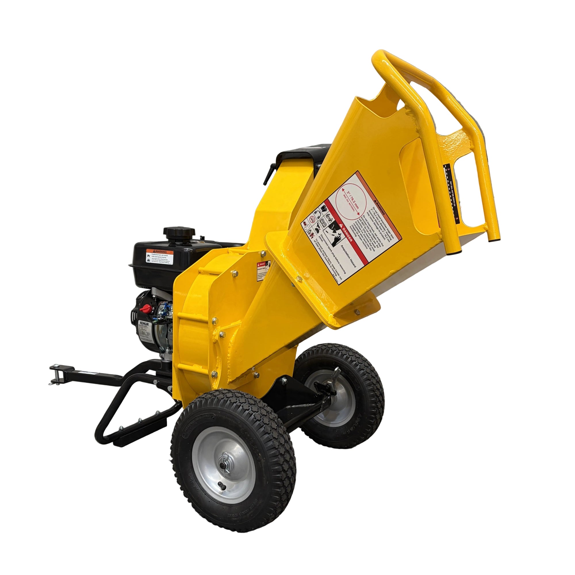 Yellow Paddock™ Wood Chipper Shredder 75mm with a 6.5hp Kohler engine, large hopper, and two pneumatic tires.