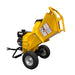 Yellow Paddock™ Wood Chipper Shredder 75mm with a 6.5hp Kohler engine, large hopper, and two pneumatic tires.