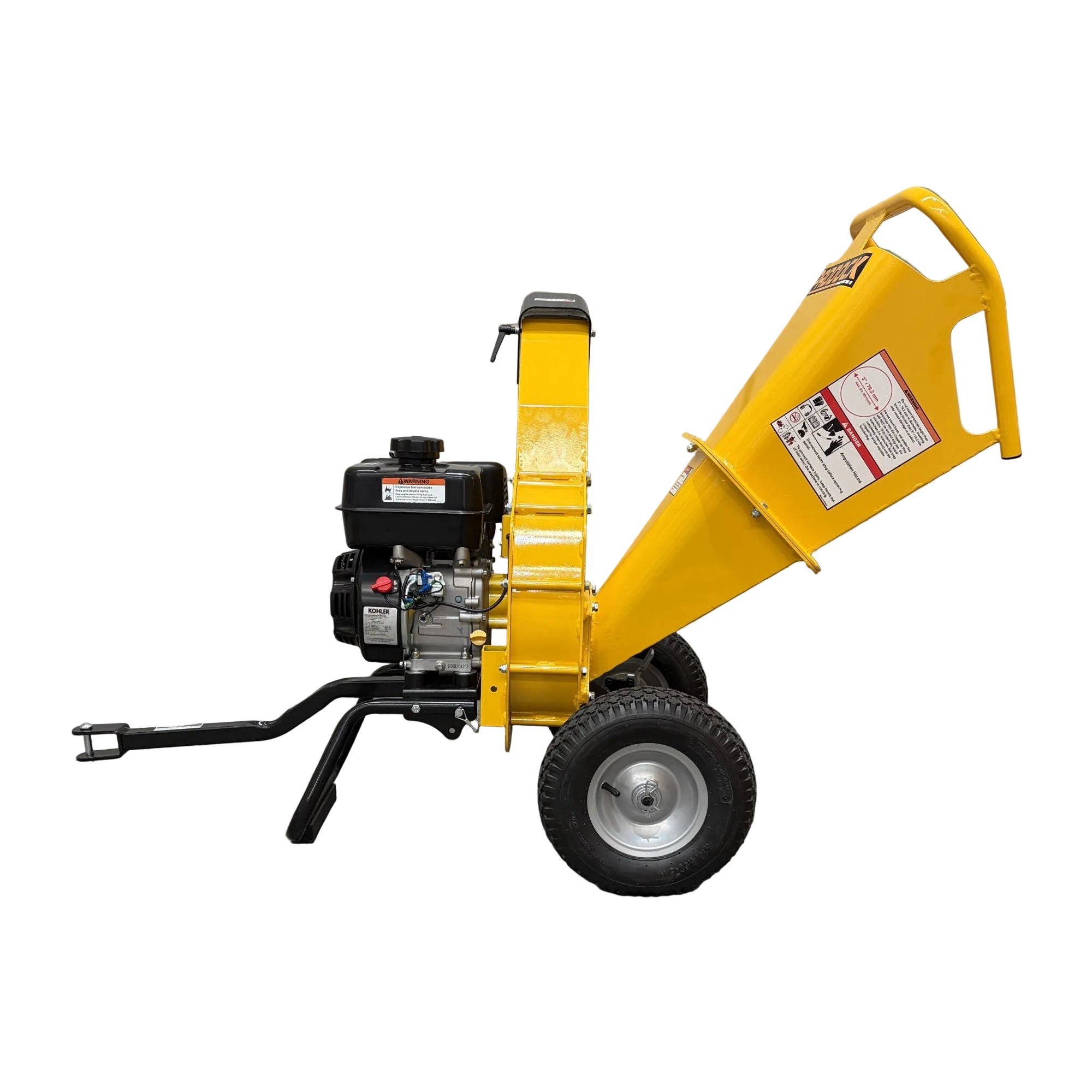 Yellow Paddock™ Wood Chipper Shredder 75mm with a 6.5hp Kohler engine, large hopper, and a tow hitch.