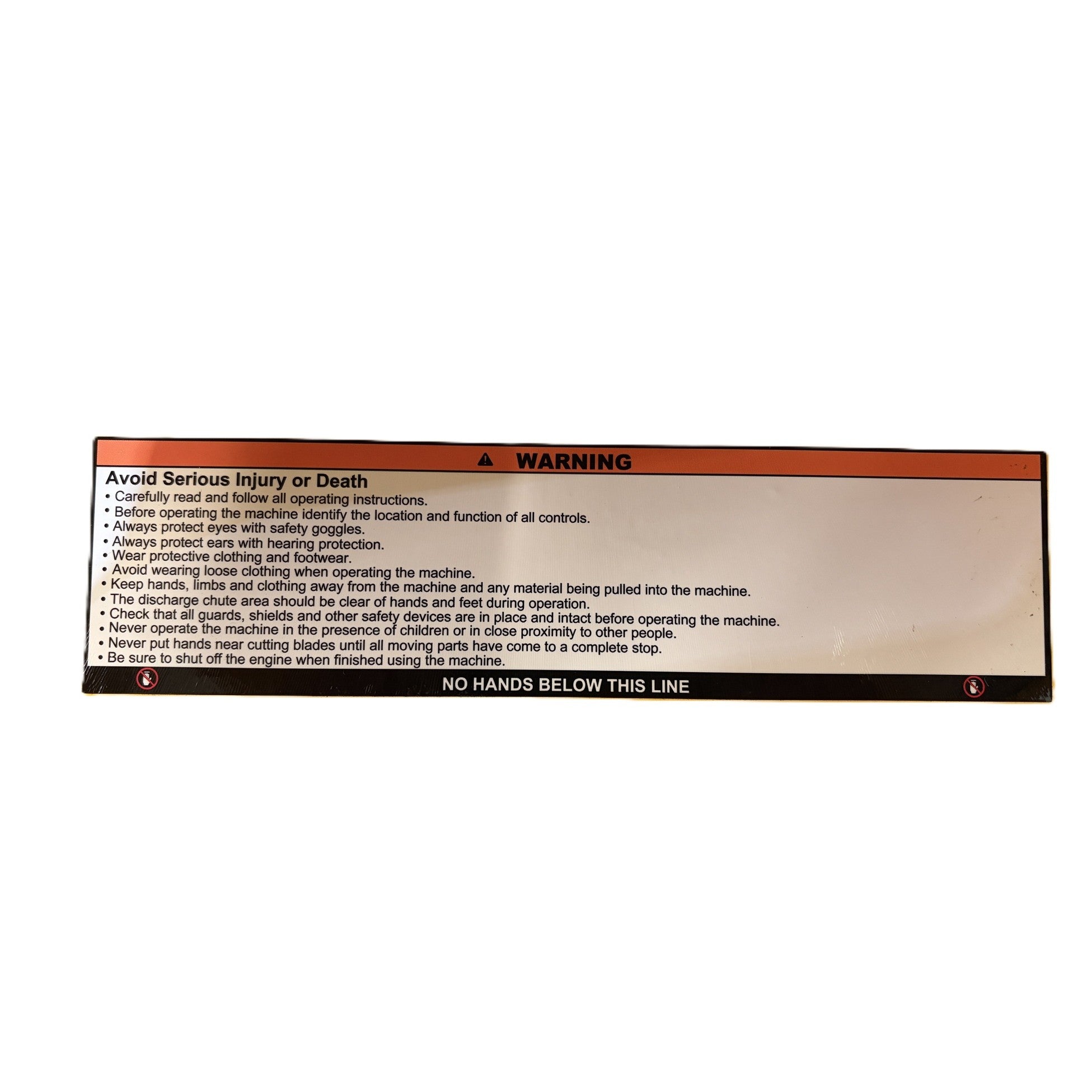 Safety warning label for a Paddock™ Wood Chipper Shredder 75mm, listing instructions to prevent injury, including wearing protective gear and keeping hands away from moving parts.